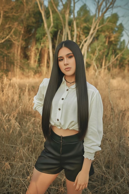 AI long hair filter after transformation - woman portrait with AI generated long hairstyle