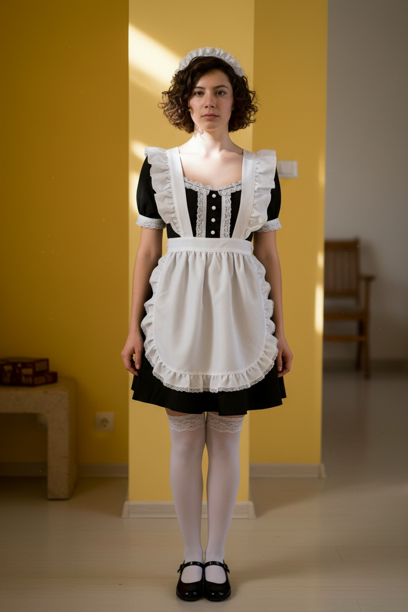 Full-body view of her in a ruffled maid dress and apron, still in the yellow room.