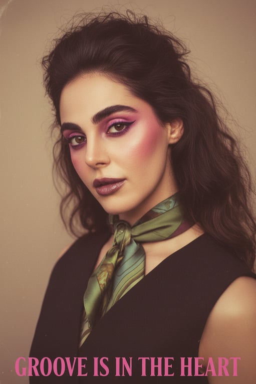 A fashion portrait emulating 70s magazine photography, with bold makeup, textured hair, a simple studio backdrop, and colors leaning towards sepia and magenta.