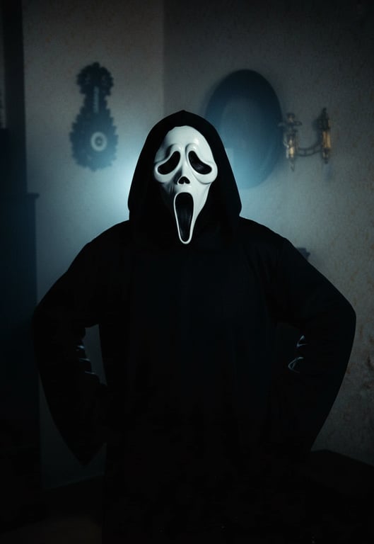 a portrait of a person wearing a horror movie villain cosplay, with iconic mask, costume, and eerie lighting to capture the character's essence