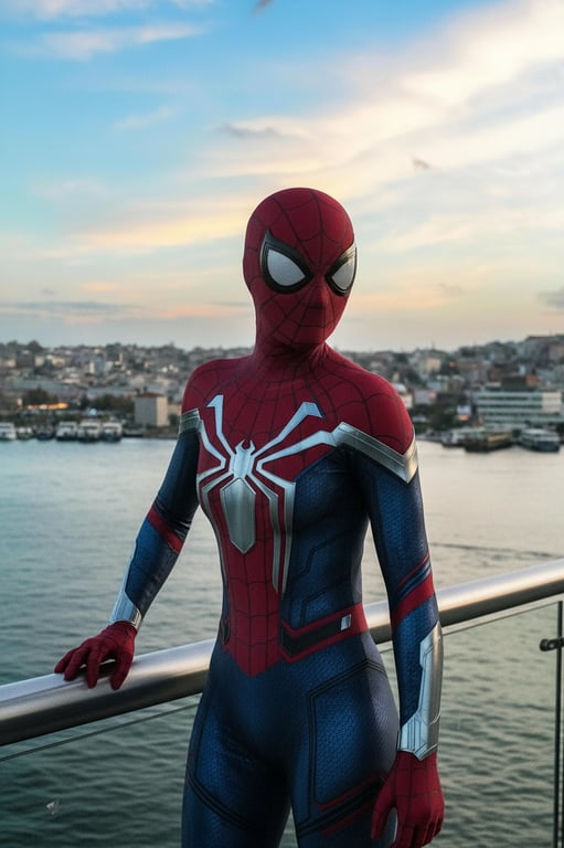 a portrait of a person depicted as a spider-themed superhero, focusing on suit detail, athletic proportions, and iconic heroic presence