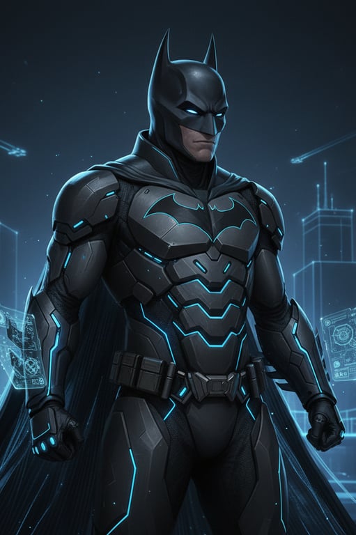 a futuristic batman suit concept art, sleek armor with glowing blue accents, technological details, holographic display, wireframe background.