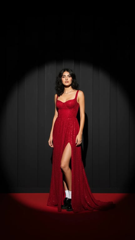 Red Carpet Dresses filter after transformation - portrait styled in statement red carpet dress