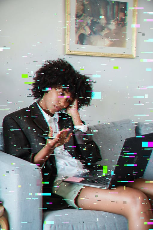 a portrait of a person as a digital entity, pixelated and fragmented with a datamosh effect and RGB color separation