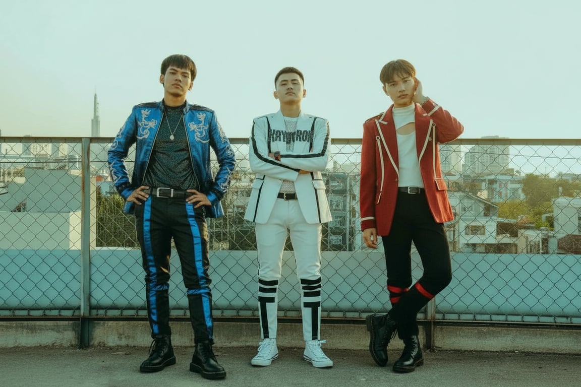 a portrait of multiple men transformed into K-pop performance outfits, including fitted stage jackets, stretch fabric tops, slim trousers designed for movement, layered outfit construction, clear seam definition, coordinated colors, confident dynamic posture, bright stage-inspired lighting, and a minimal concert-style background