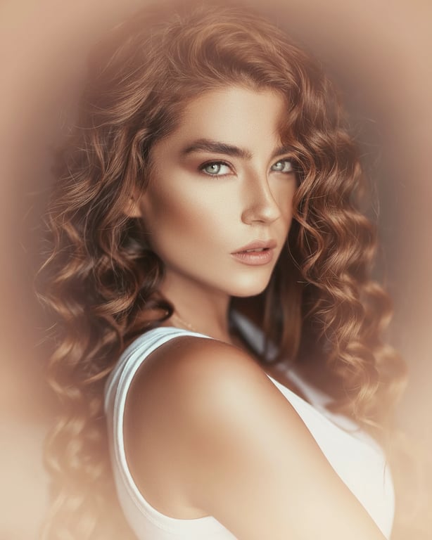 A warm aesthetic portrait of a woman, peach and gold color grading, soft focus on edges, radiant complexion, dreamy and romantic style.