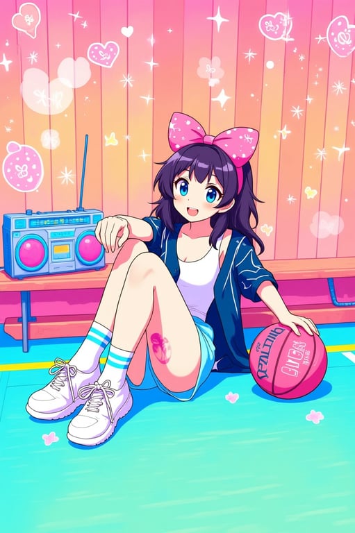 a portrait of a woman transformed with a candy kawaii filter, featuring lollipop colors, candy patterns, and sweet heart eyes