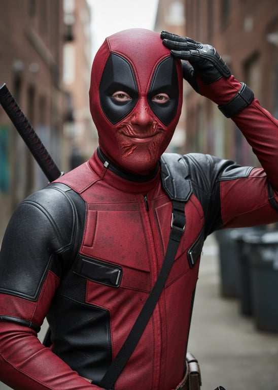 a portrait of a person as Deadpool with the mask pulled up to reveal part of the face, showcasing the scarred makeup and playful expression