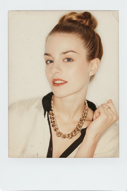 a portrait of a person edited to resemble a vintage Polaroid photo, complete with the iconic white border, warm faded tones, and slight texture