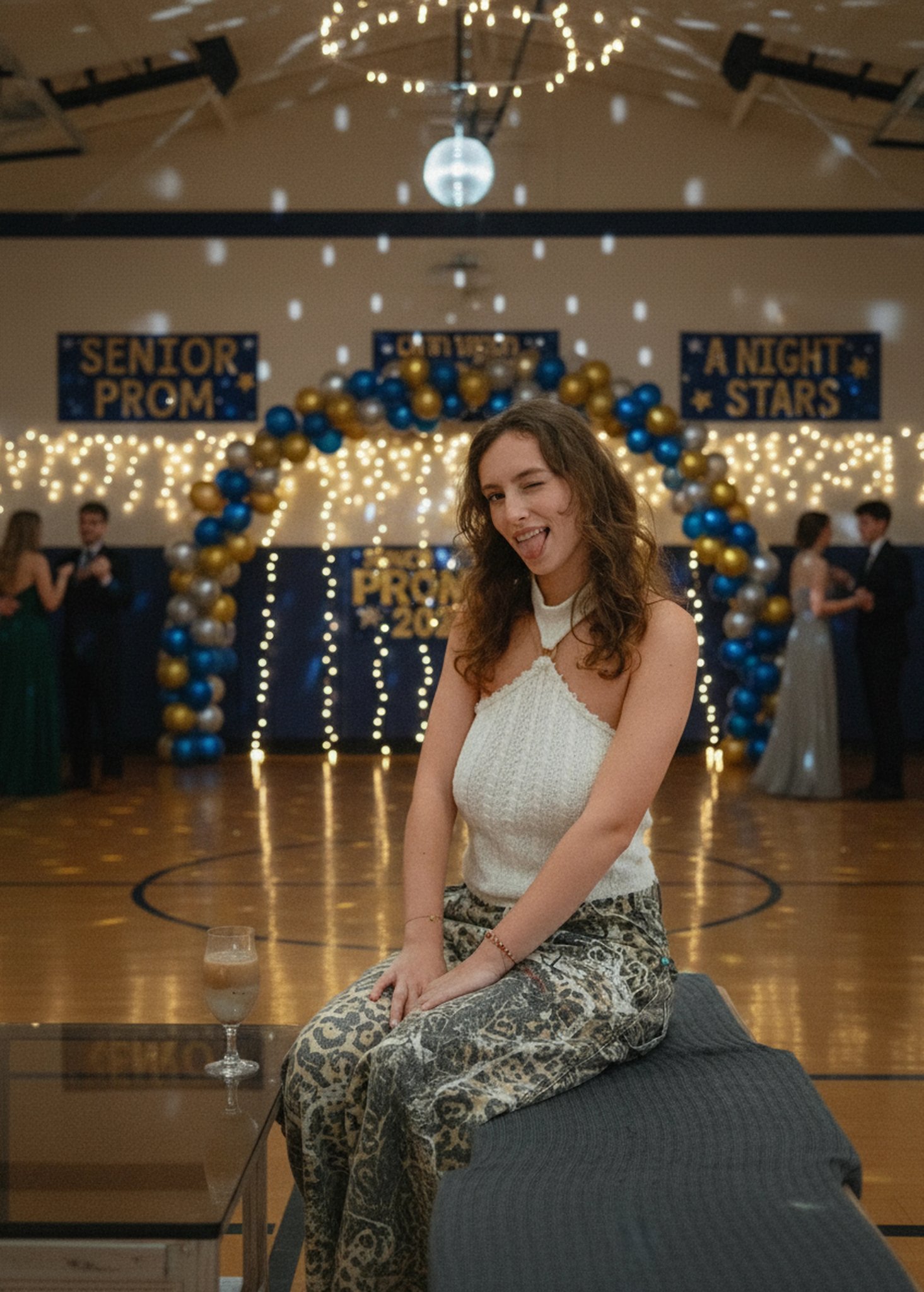 Background changed to a high school prom venue with decorations and lighting, setting the prom night atmosphere.