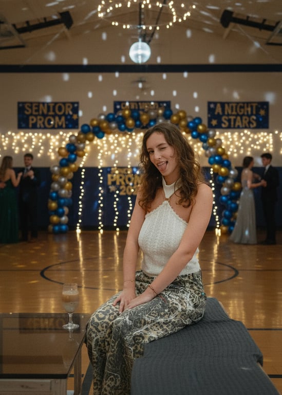 Background changed to a high school prom venue with decorations and lighting, setting the prom night atmosphere.