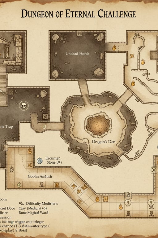 Create a D&D battle map focused on tactical combat, featuring obstacles, cover zones, chokepoints, and terrain effects that influence movement and line of sight