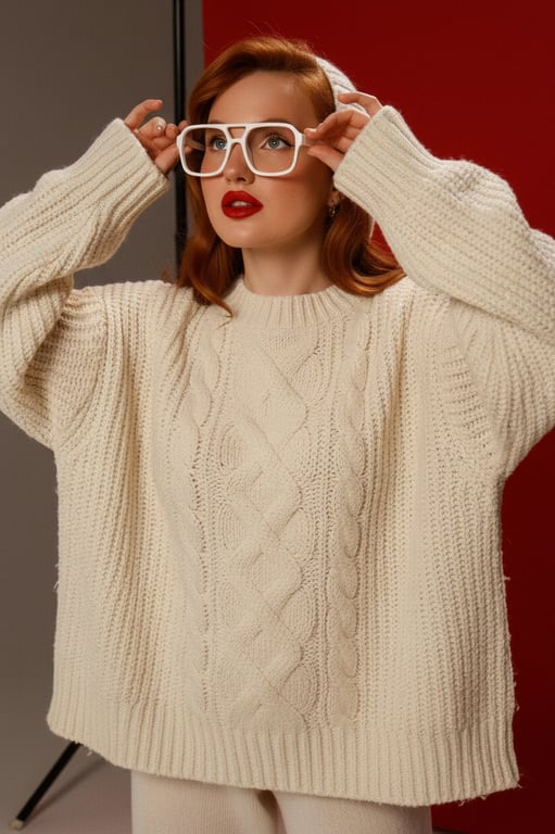 Cozy Outfits filter after transformation - portrait in an oversized knit cozy outfit with warm home ambience