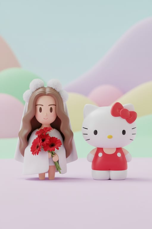 Convert the original person into a human-style 3D character compatible with the Hello Kitty parallel world. Preserve hairstyle and posture, simplify facial features, and render the character as a toy-like figure. Place a Hello Kitty 3D figurine next to them to anchor the scene, using the same scale, materials, and lighting.