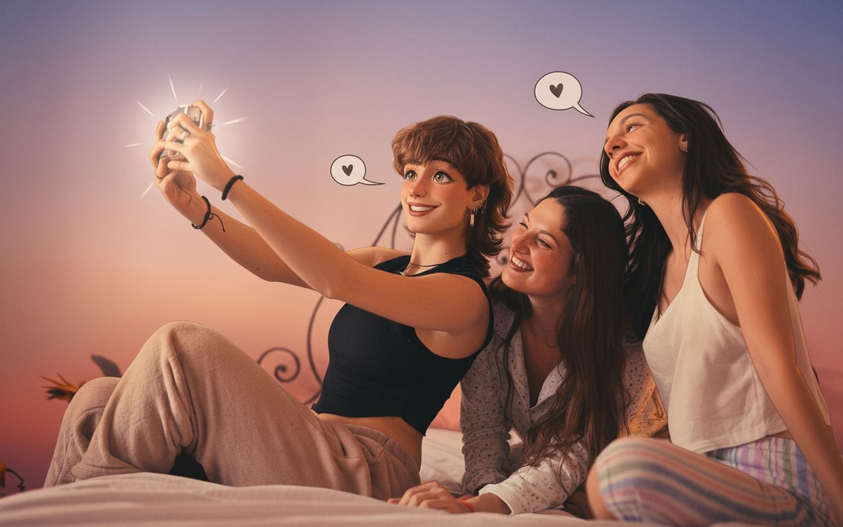 Comic Book Style filter after transformation - couple portrait in warm romantic comic style with subtle hearts and sunset tones