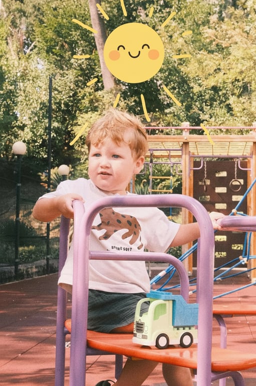 a children's playground photo with a cheerful, cartoon-style smiling sun added in the sky, casting simple stylized rays of light.