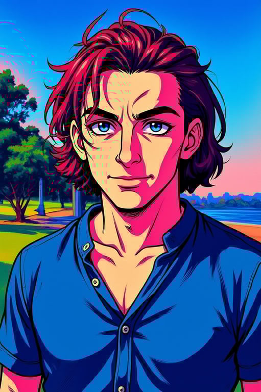 a portrait of a person edited into the "JoJo" color palette swap style, with unconventional, vibrant hair and clothing colors
