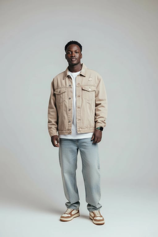 a portrait of a person enhanced with fashion styling that feels modern and approachable, smooth color balance, calm pose, and minimal backdrop