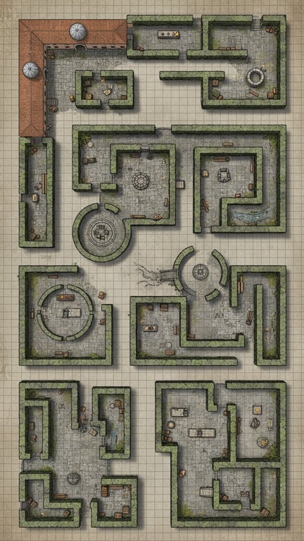 a cavern map with organic shapes, multiple elevation zones, hazardous terrain elements, and optional secret tunnels for dynamic dungeon play