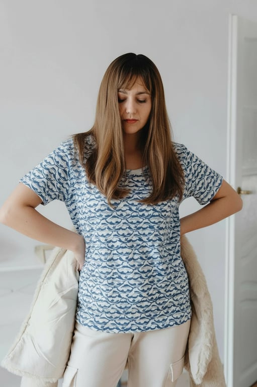 a portrait of a person edited with a patterned T-shirt design, featuring evenly spaced or intentionally arranged pattern elements, correct perspective wrapping across the torso, consistent scale, natural interaction with fabric wrinkles, preserved shirt texture, and balanced lighting