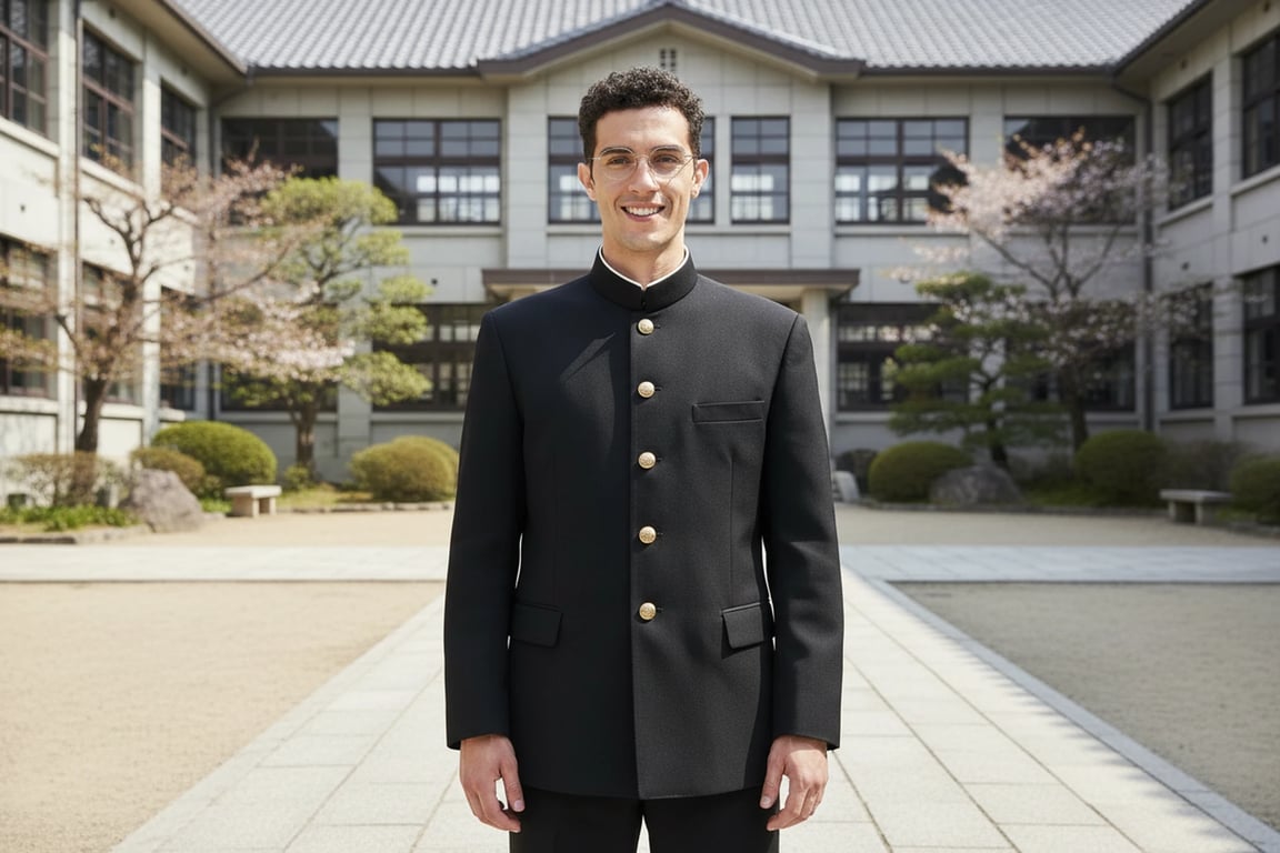 a portrait of a student in a gakuran-style uniform with black jacket and stand-up collar, standing in a traditional school courtyard