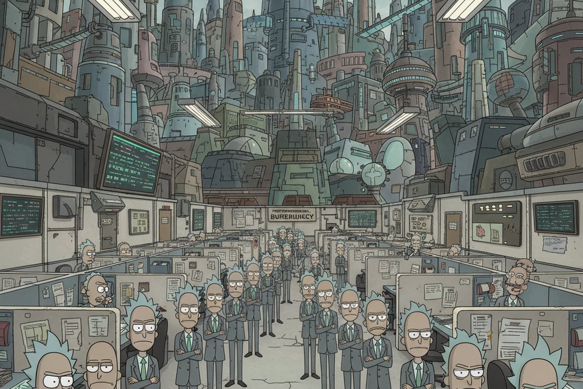 The Citadel of Ricks background scene, but foreground features a line of identical, grumpy Ricks waiting in a queue at a bureaucratic office, showcasing muted colors and towering sci-fi architecture.