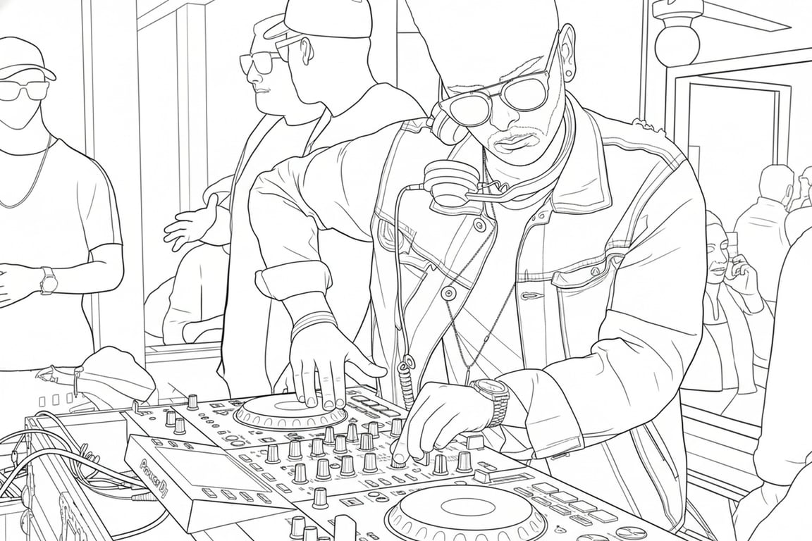 AI coloring page filter after transformation - fashion portrait in artistic coloring page style