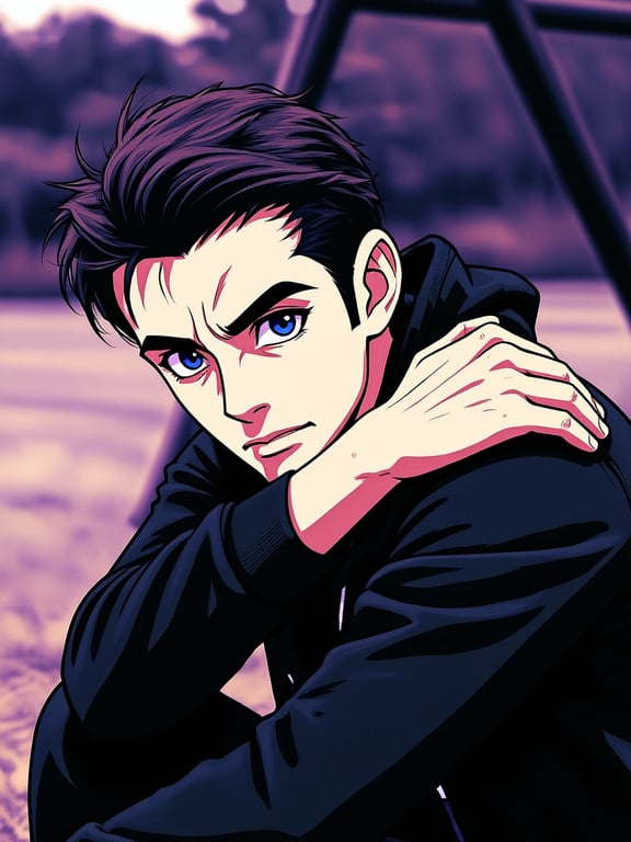 a portrait of a person in JoJo's art style, striking a highly dramatic and angular pose with intense facial expression