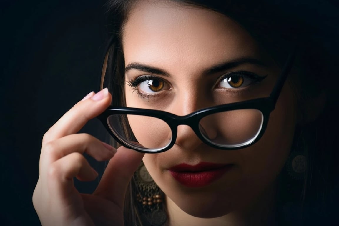 ai eye contact correction after photo - woman wearing glasses corrected to look directly at the camera