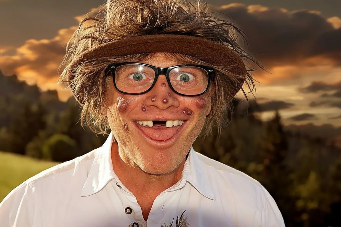 AI ugly filter after photo- funny old man with big head wearing hat under sunset sky