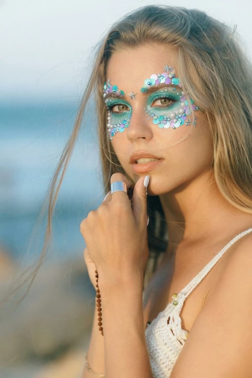 AI Mermaid filter after pic - mermaid-style face paint with glitter and pearls