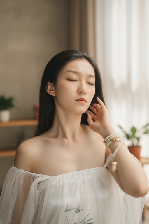 a portrait of a woman, natural light correction, accurate color balance, realistic shadow and highlight recovery, indoor environment.