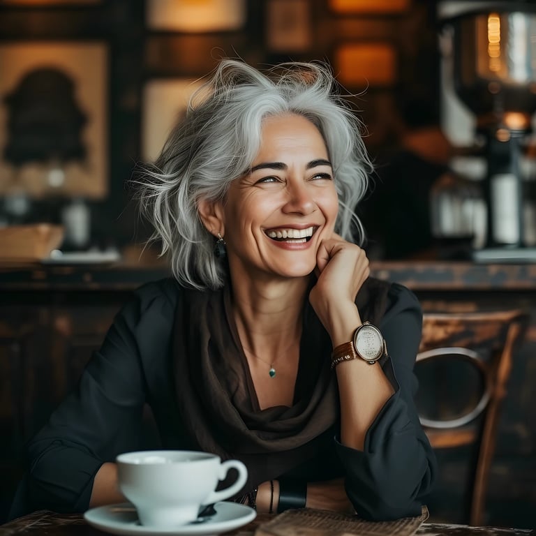 ai eye contact correction before photo - woman with silver hair
