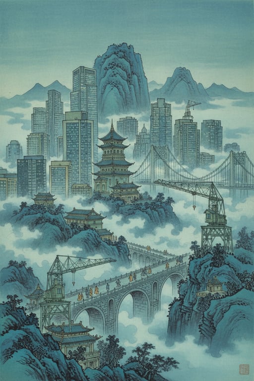A modern cityscape reimagined in the blue-green landscape (qinglv shanshui) style of Tang Dynasty paintings, with tiny, detailed figures walking on a misty bridge.