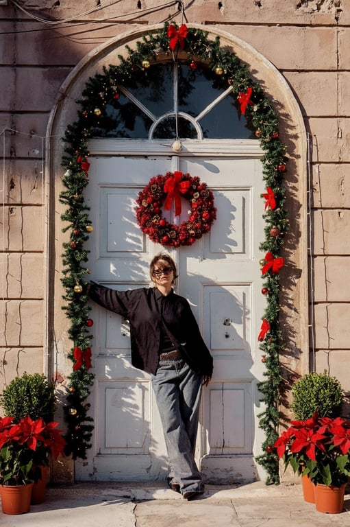AI Christmas background free after photo - woman wearing black jacket with Christmas background