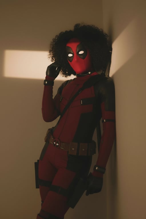 a portrait of a person edited as a female version (Lady Deadpool) cosplay, adapting the red suit with feminine cuts and styling