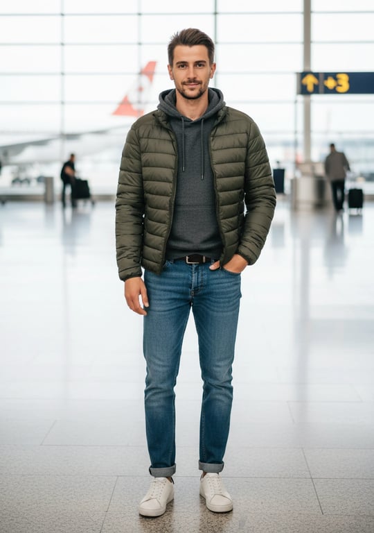 airport outfits filter after transformation - portrait wearing layered hoodie and puffer airport outfit for cooler trips