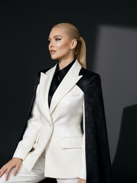 Elegant white suit with black cape, sleek ponytail, sharp makeup, dramatic studio lighting.