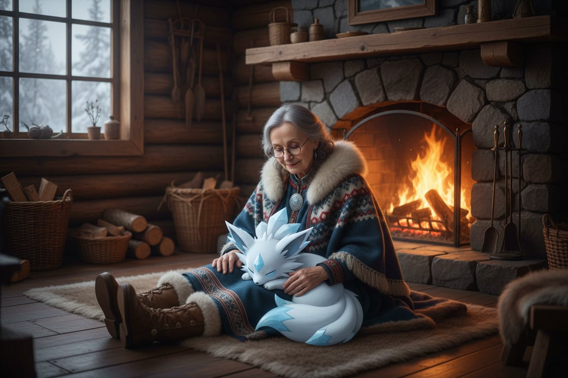 A regional variant of Vulpix, now Ice-type with white fur and blue accents. It is curled up with an elderly woman in traditional northern clothing, both sitting by a fireplace in a log cabin, sharing a moment of warmth.