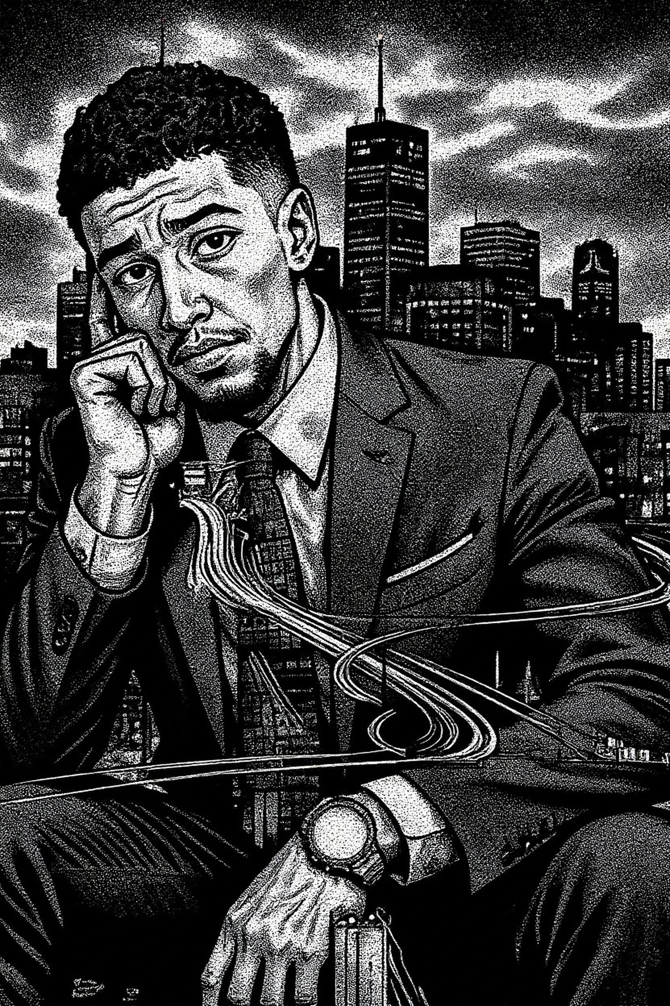 Manga art styles filter after transformation - portrait in mature seinen manga style with moody urban background