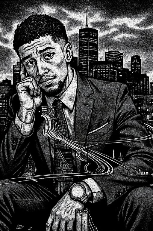 Manga art styles filter after transformation - portrait in mature seinen manga style with moody urban background