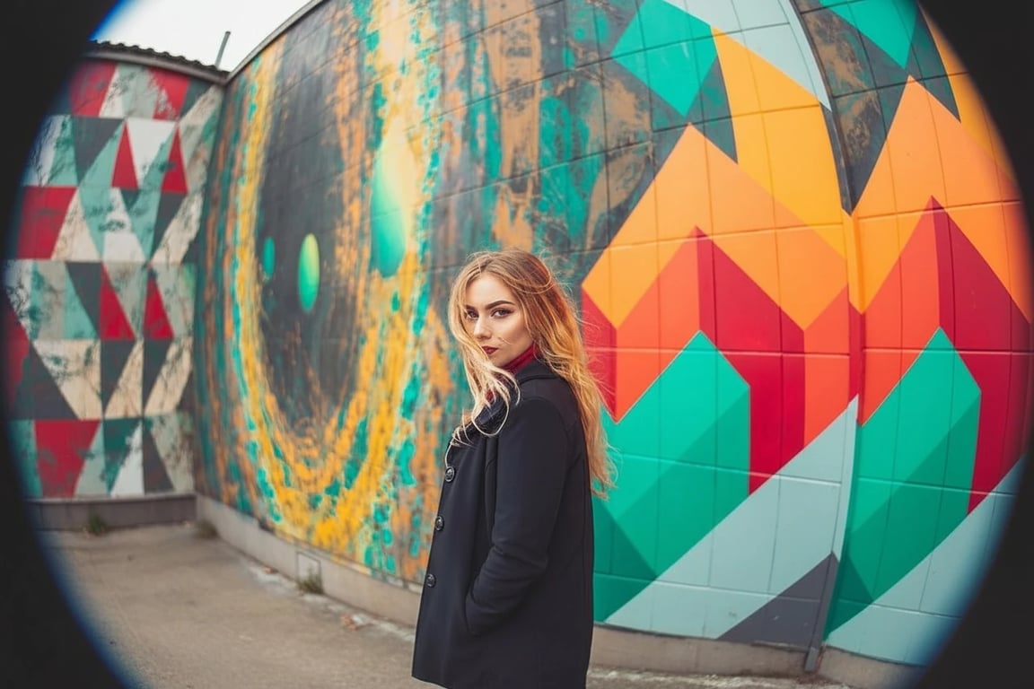 AI fisheye lens filter after transformation - full body photo stylized with spherical lens look