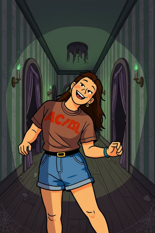 a portrait of a person re-created as a Scooby-Doo cartoon character following original Hanna-Barbera model sheets, with simplified anatomy, cylindrical neck, flat shoulders, wide eyes, minimal facial detail, solid color clothing, flat lighting, thick line art, and unmistakable Scooby-Doo cartoon identity