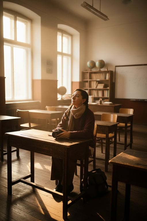a portrait of a teenager wearing a classic blazer, tie, and pleated skirt, standing in a school hallway with lockers