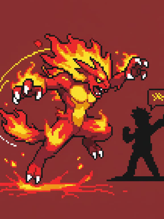 A pixel art sprite (64x64) of a fierce fire-type pokemon in a dynamic battle pose, mid-leap towards its opponent. In the background, the pixelated silhouette of its determined trainer is visible, giving a command.