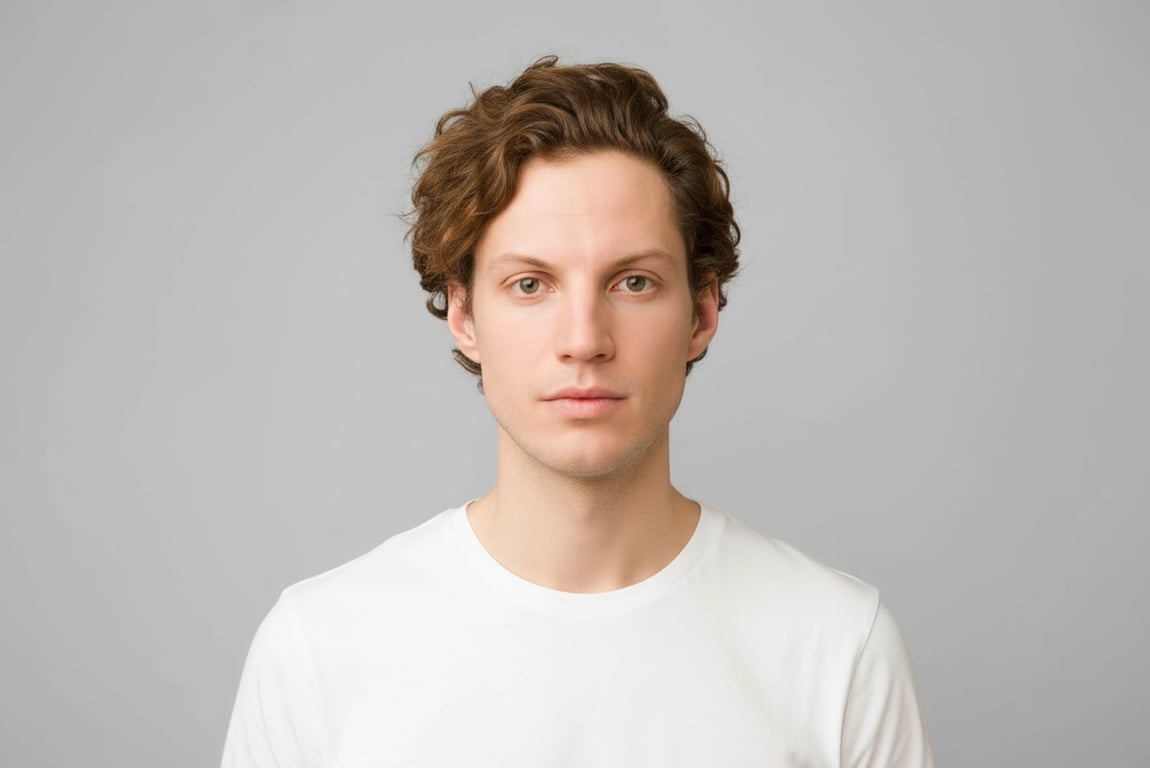 A professionally edited AI passport photo, background replaced with perfect white, clothing contrasts with background, natural skin tone, no accessories or hats.