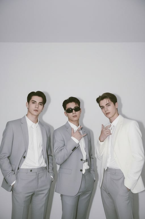 a portrait of a male group transformed into a clean K-pop boy group look, using simple tailored outfits, consistent proportions, minimal accessories, neutral color palette, upright posture, and uncluttered background