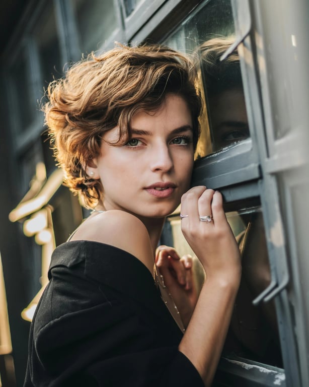 AI long hair filter before photo - woman portrait with short pixie hair