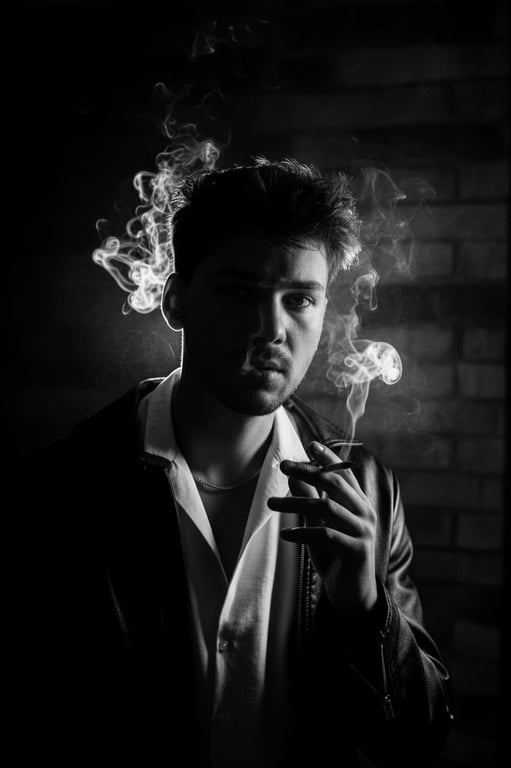 a portrait of a man in a film noir style, with dramatic high-contrast lighting, deep shadows, and a moody cigarette smoke atmosphere