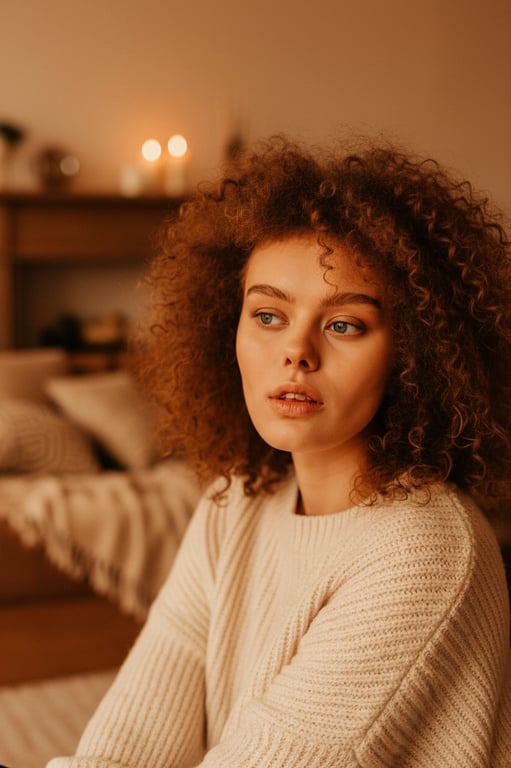 a portrait of a woman, cozy amber tones, warm color grading, soft light diffusion, indoor cozy setting.